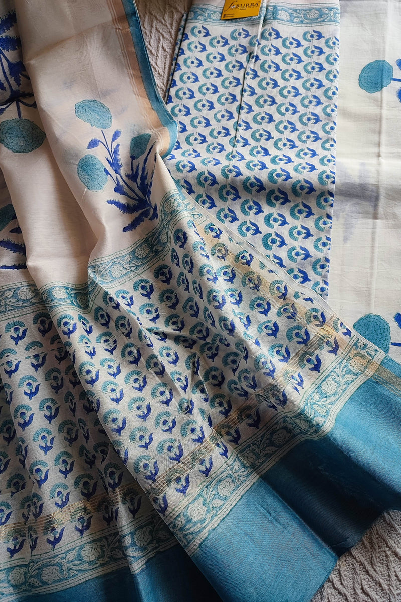 White Chanderi Silk Suit Material with Blue Botanical Print & Cotton Dupatta