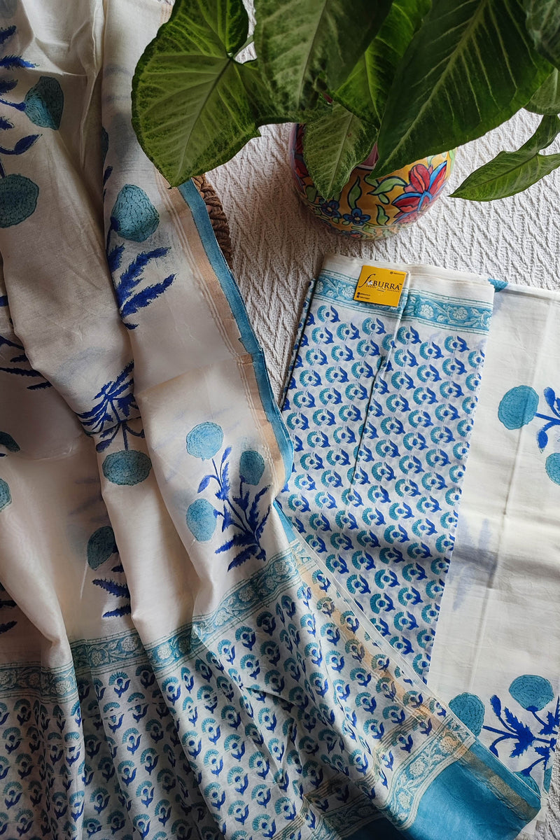 White Chanderi Silk Suit Material with Blue Botanical Print & Cotton Dupatta