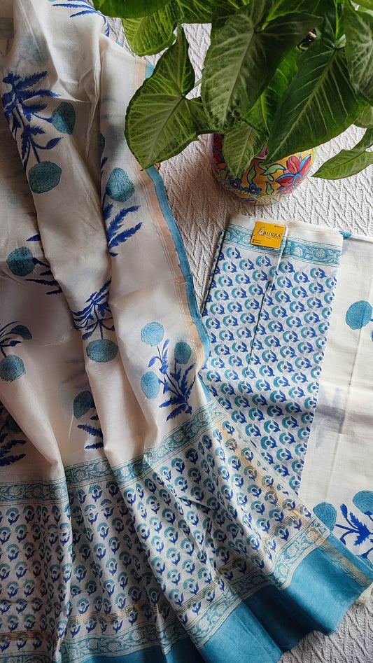 White Chanderi Silk Suit Material with Blue Botanical Print & Cotton Dupatta