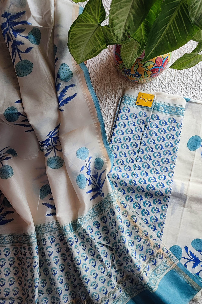 White Chanderi Silk Suit Material with Blue Botanical Print & Cotton Dupatta