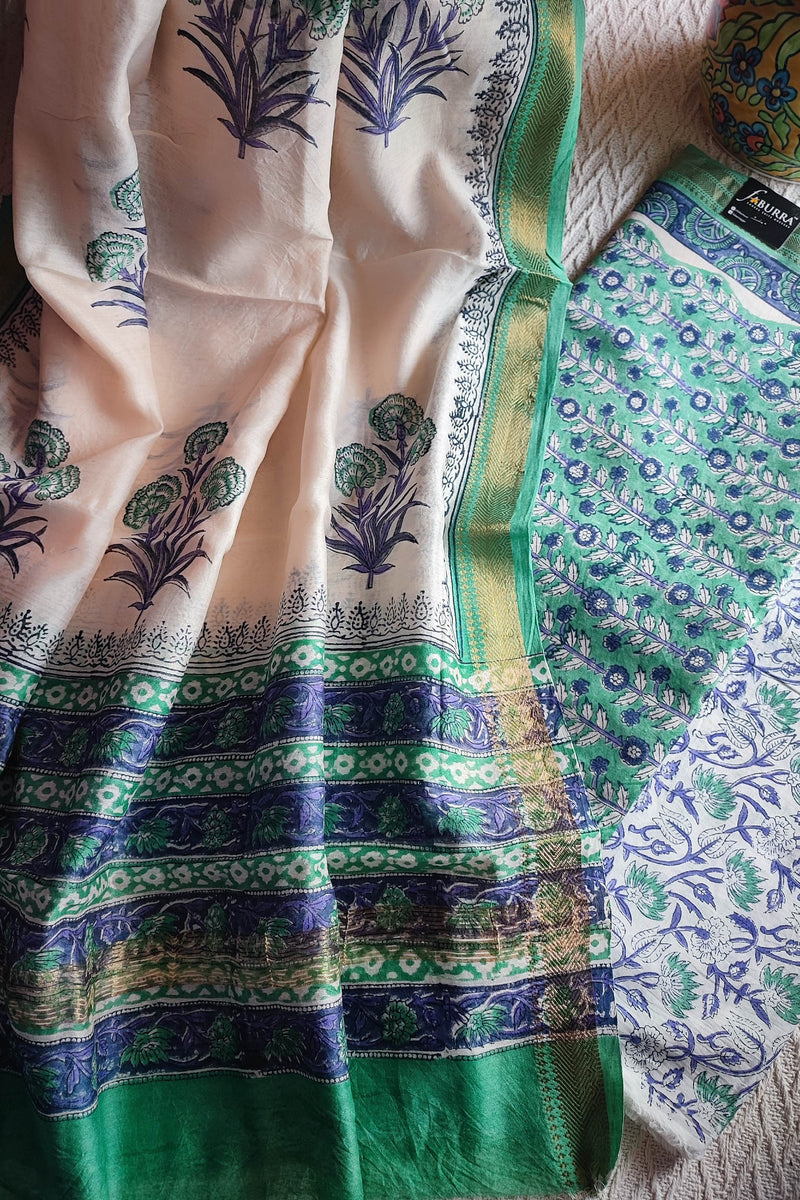 Green Chanderi Silk Suit Material with Green Floral Print & Cotton Dupatta