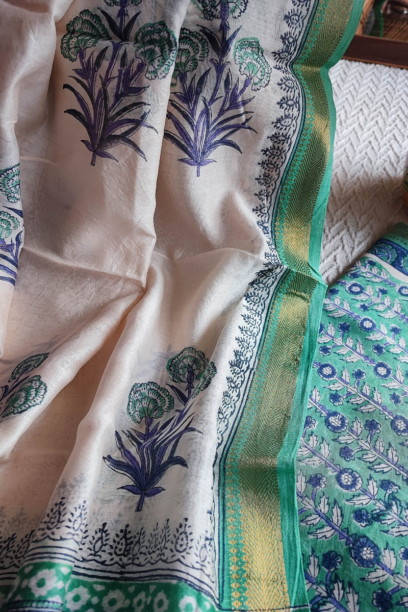 Green Chanderi Silk Suit Material with Green Floral Print & Cotton Dupatta