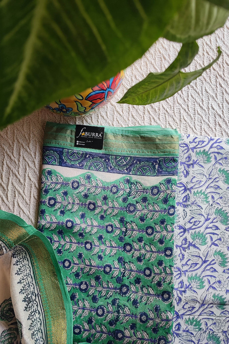 Green Chanderi Silk Suit Material with Green Floral Print & Cotton Dupatta