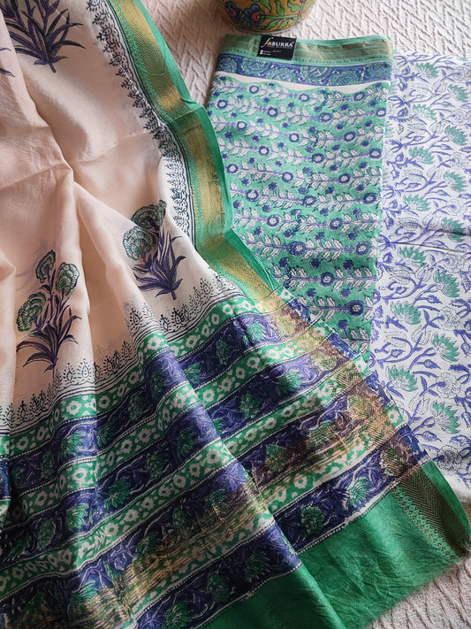 Green Chanderi Silk Suit Material with Green Floral Print & Cotton Dupatta