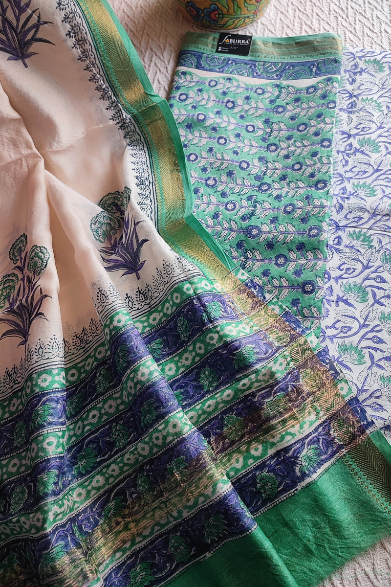 Green Chanderi Silk Suit Material with Green Floral Print & Cotton Dupatta