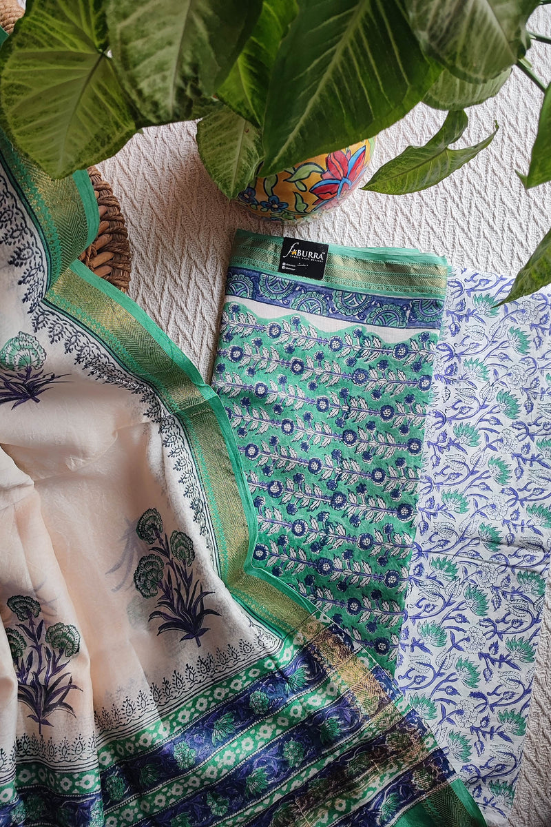 Green Chanderi Silk Suit Material with Green Floral Print & Cotton Dupatta