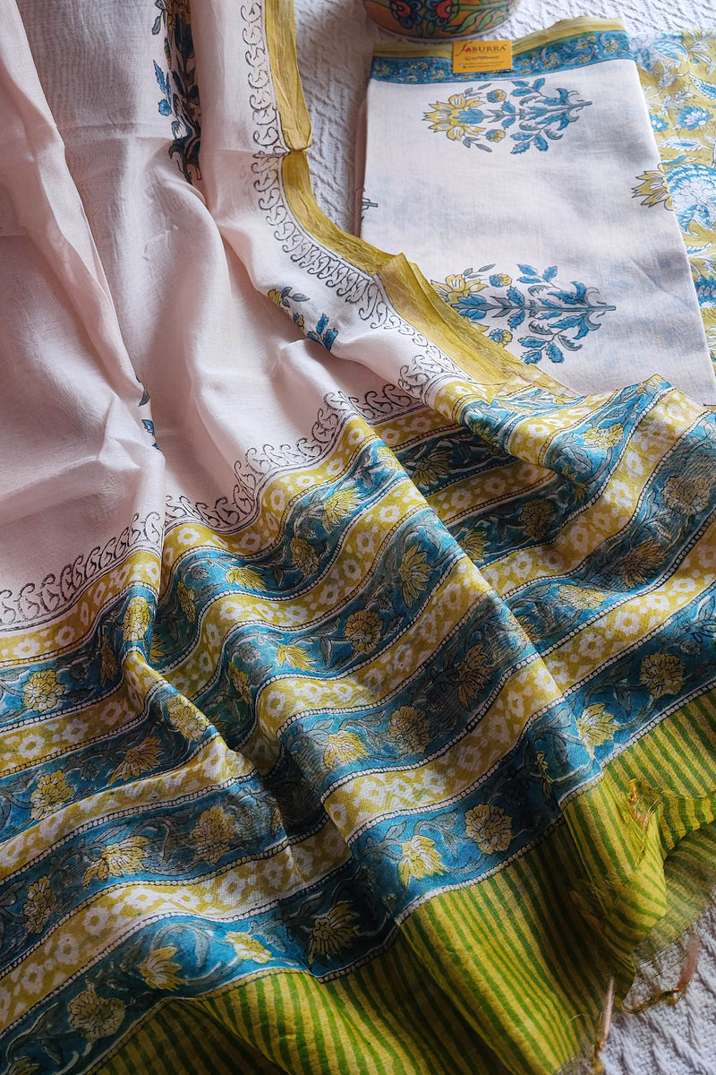 White Chanderi Silk Suit Material with Blue & Yellow Floral Print and Cotton Dupatta