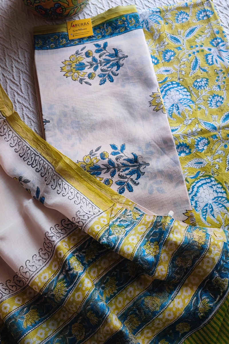 White Chanderi Silk Suit Material with Blue & Yellow Floral Print and Cotton Dupatta