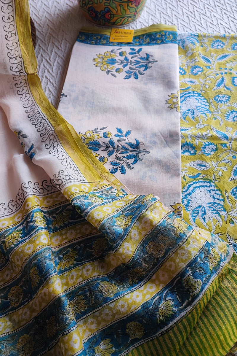White Chanderi Silk Suit Material with Blue & Yellow Floral Print and Cotton Dupatta