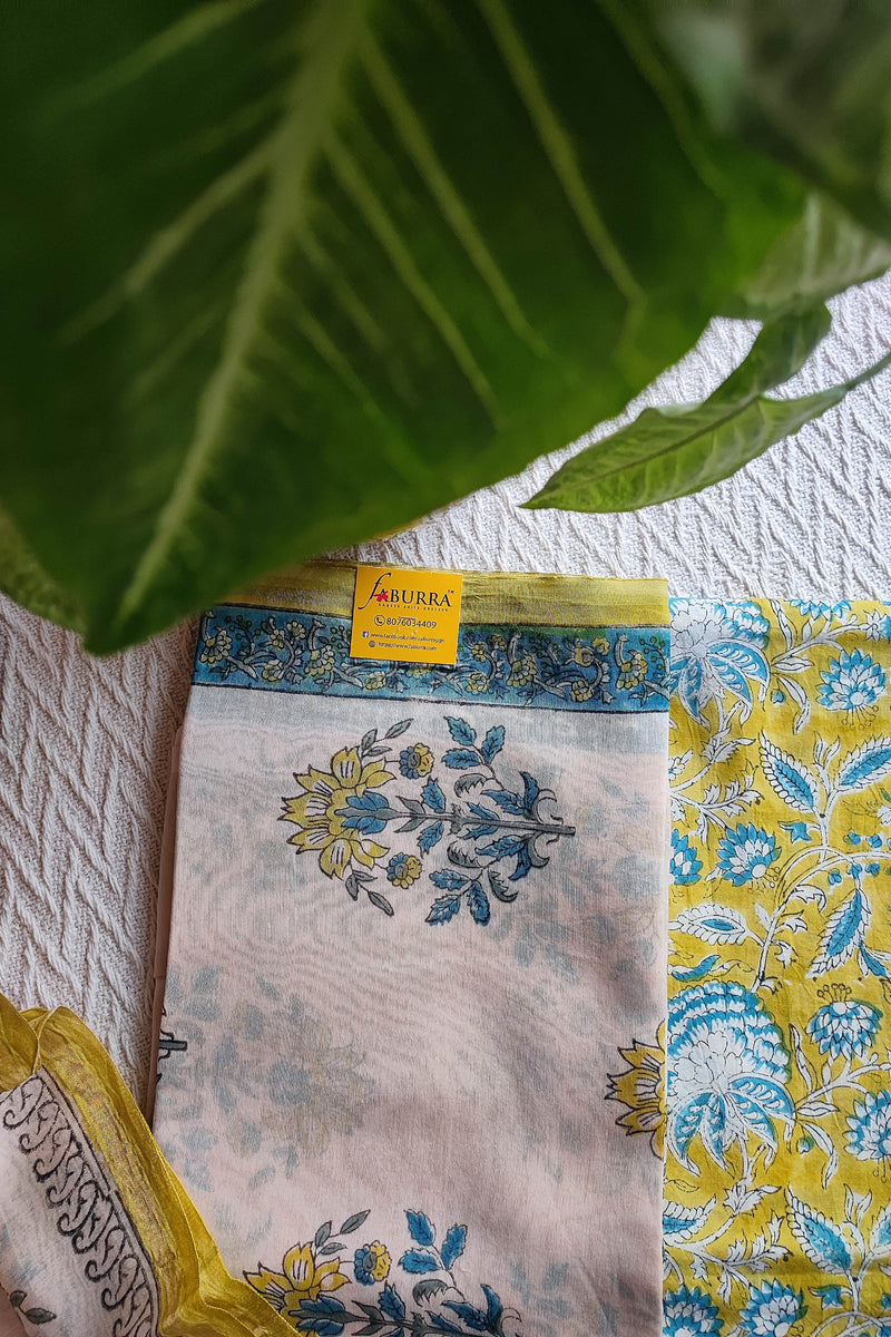 White Chanderi Silk Suit Material with Blue & Yellow Floral Print and Cotton Dupatta
