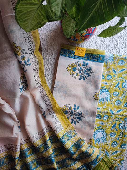 White Chanderi Silk Suit Material with Blue & Yellow Floral Print and Cotton Dupatta