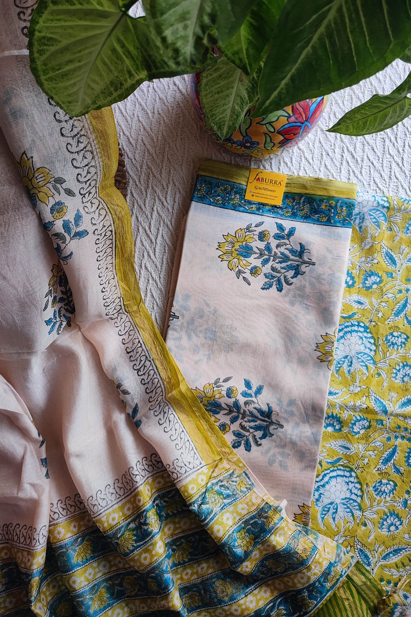 White Chanderi Silk Suit Material with Blue & Yellow Floral Print and Cotton Dupatta