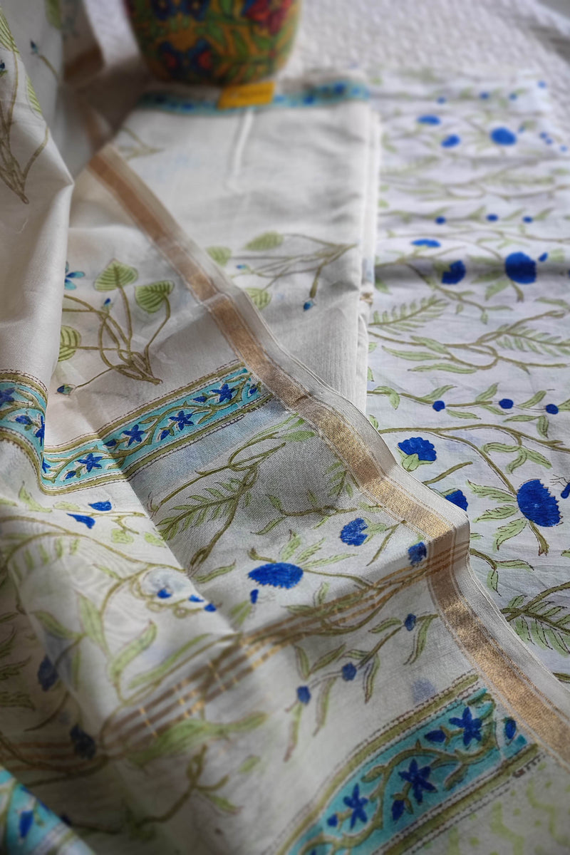 White Chanderi Silk Suit Material with Blue Floral Print & Cotton Dupatta