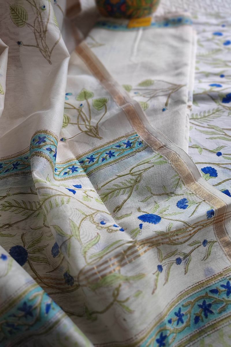 White Chanderi Silk Suit Material with Blue Floral Print & Cotton Dupatta