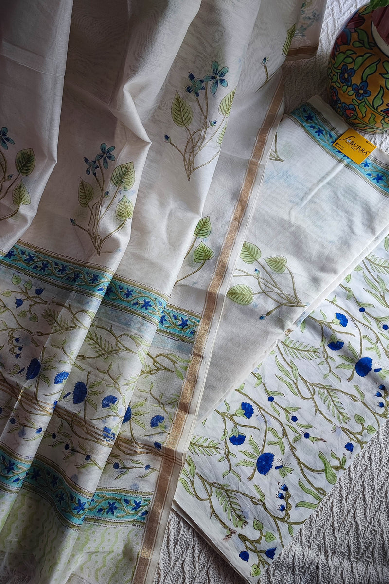 White Chanderi Silk Suit Material with Blue Floral Print & Cotton Dupatta