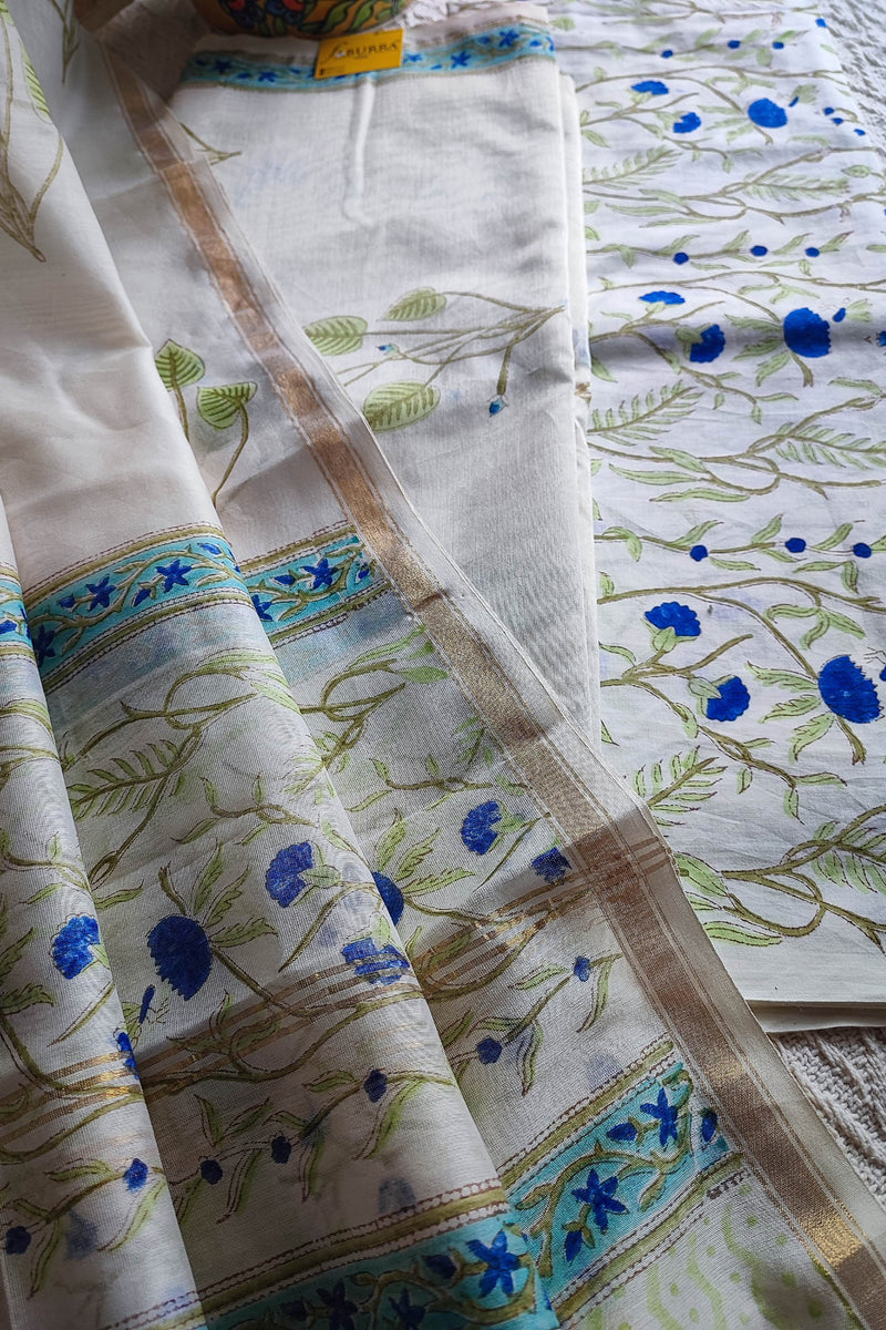 White Chanderi Silk Suit Material with Blue Floral Print & Cotton Dupatta