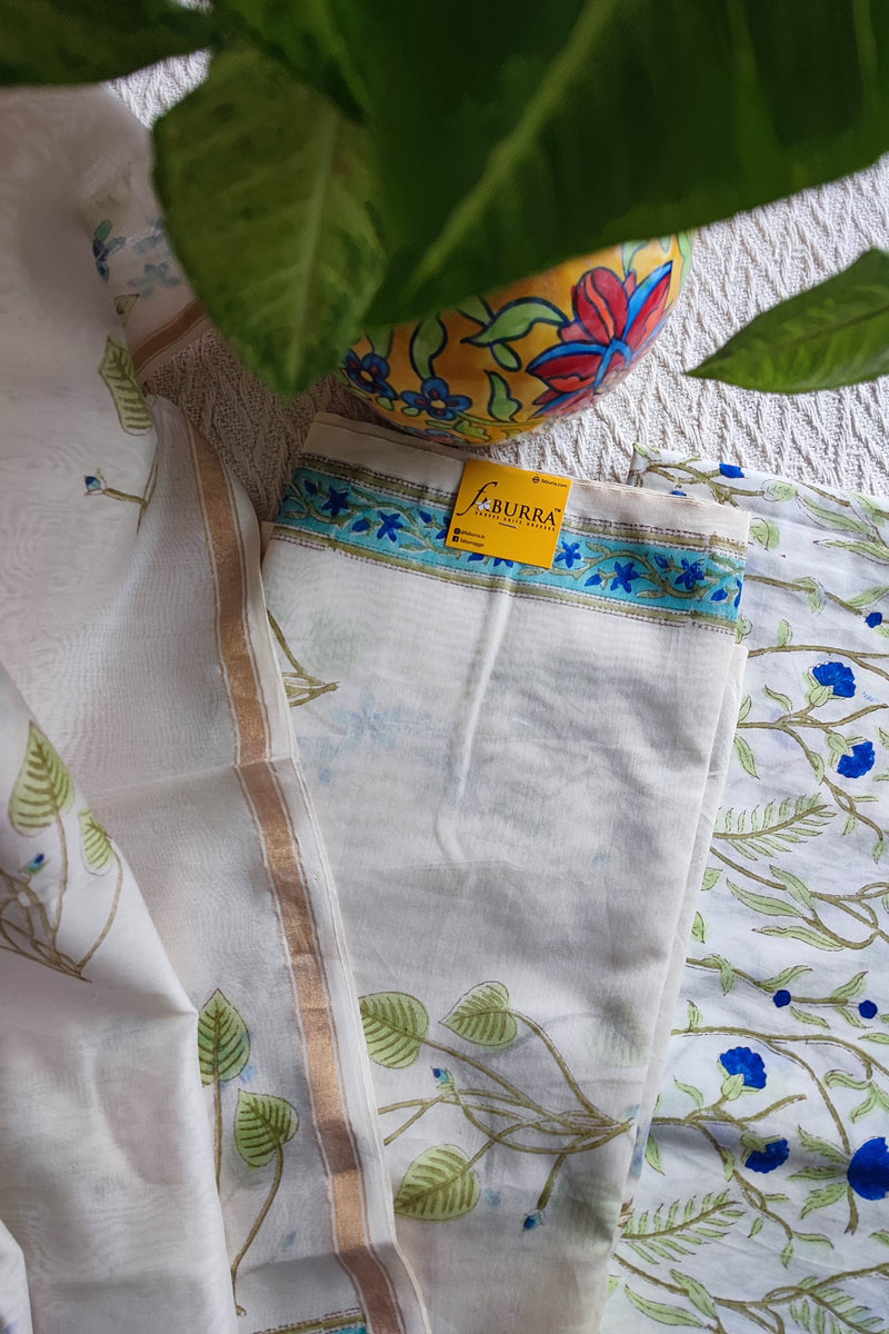 White Chanderi Silk Suit Material with Blue Floral Print & Cotton Dupatta