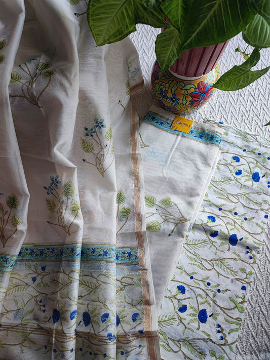 White Chanderi Silk Suit Material with Blue Floral Print & Cotton Dupatta