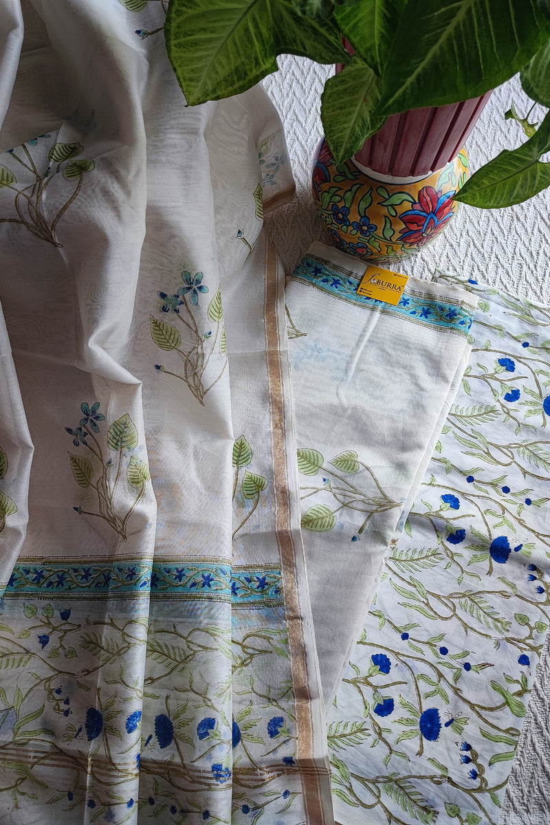 White Chanderi Silk Suit Material with Blue Floral Print & Cotton Dupatta