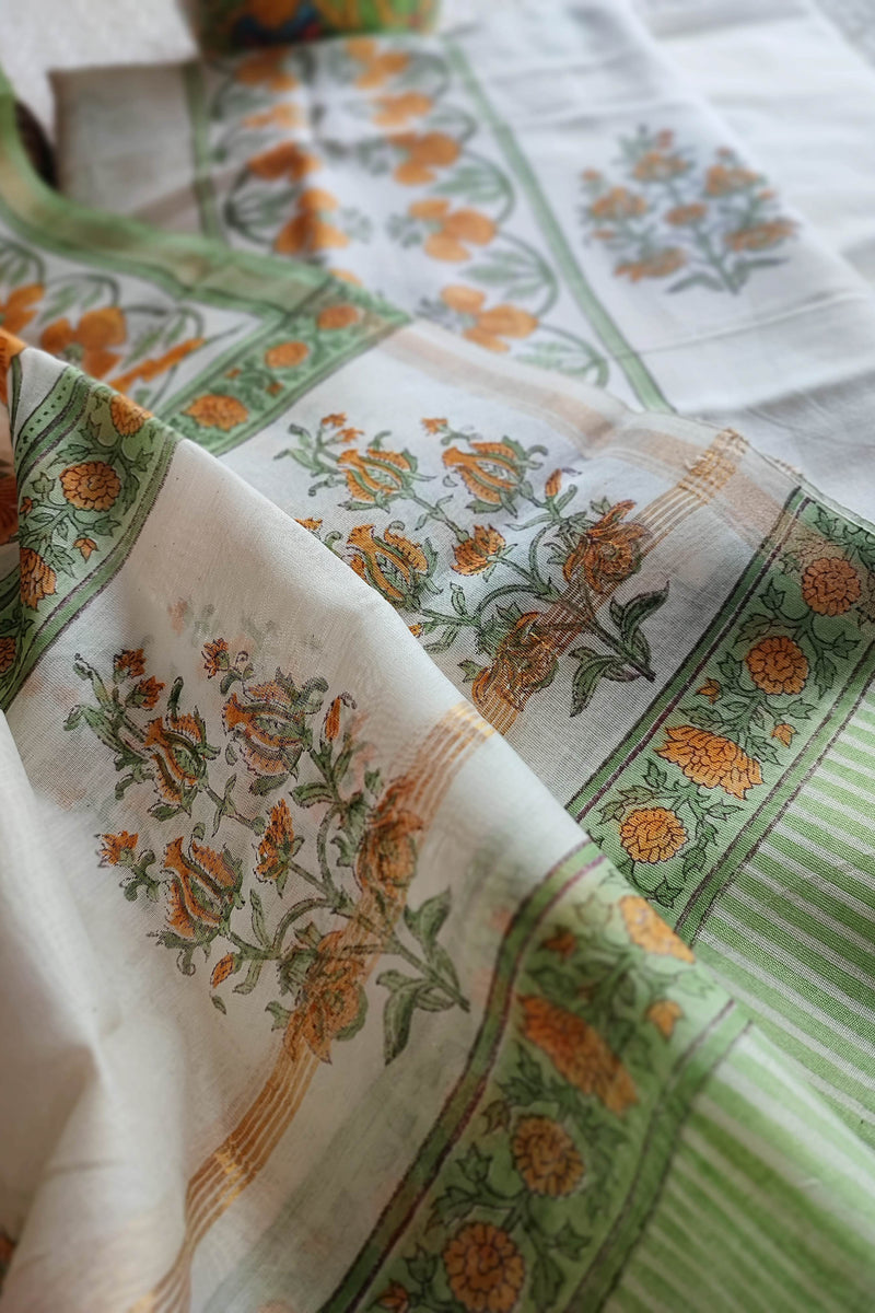 White Chanderi Silk Suit Material with Mustard Floral Print & Cotton Dupatta