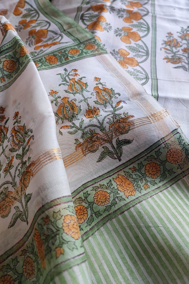 White Chanderi Silk Suit Material with Mustard Floral Print & Cotton Dupatta