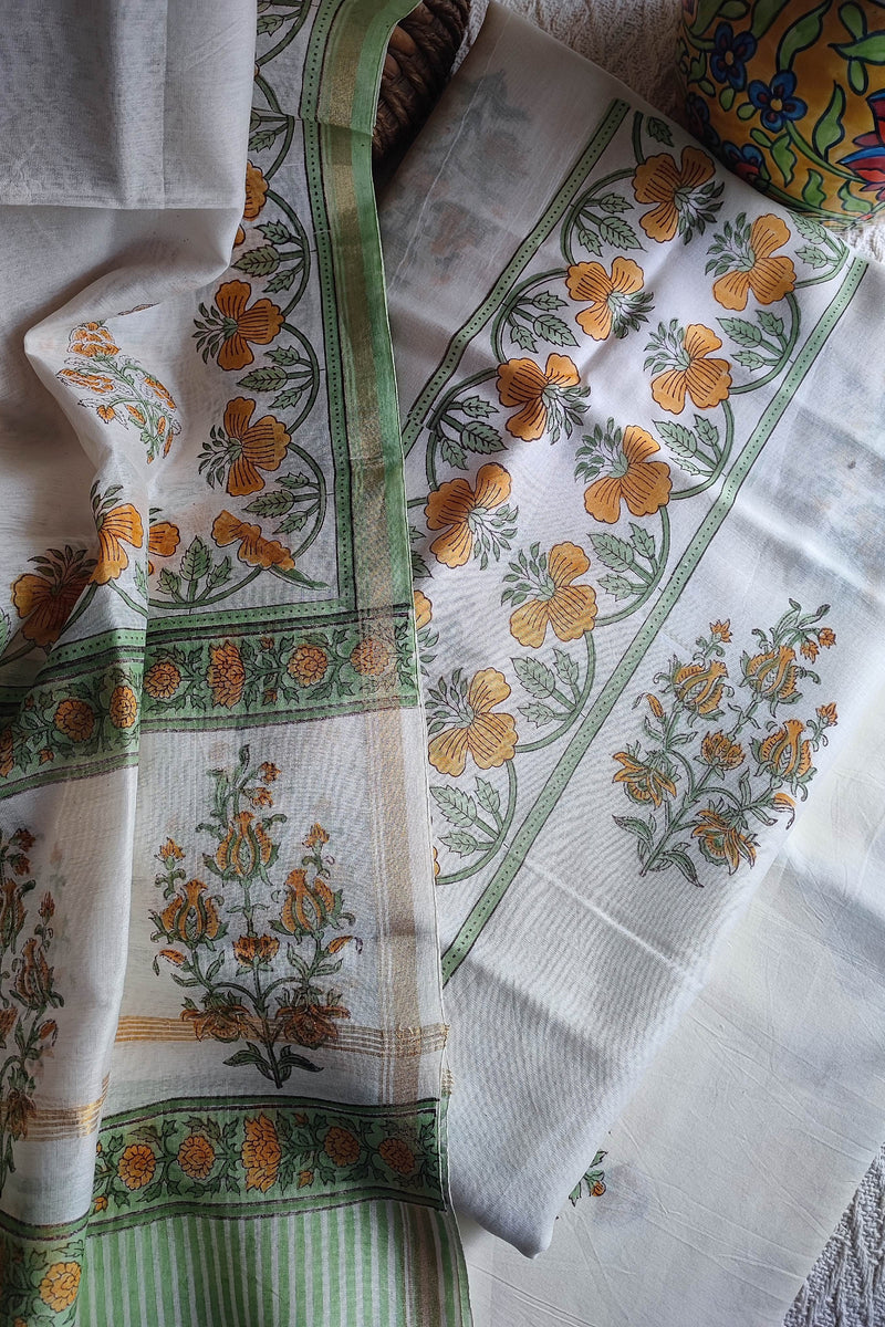 White Chanderi Silk Suit Material with Mustard Floral Print & Cotton Dupatta