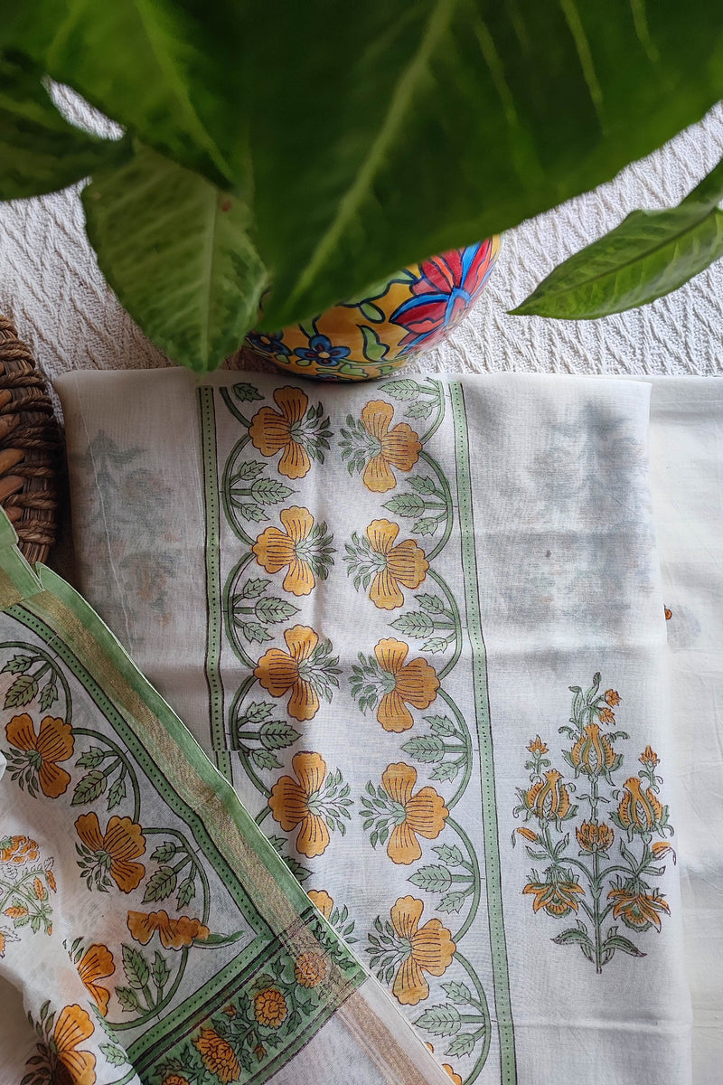 White Chanderi Silk Suit Material with Mustard Floral Print & Cotton Dupatta