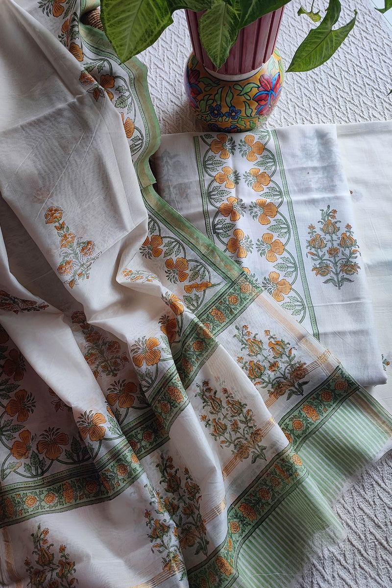 White Chanderi Silk Suit Material with Mustard Floral Print & Cotton Dupatta