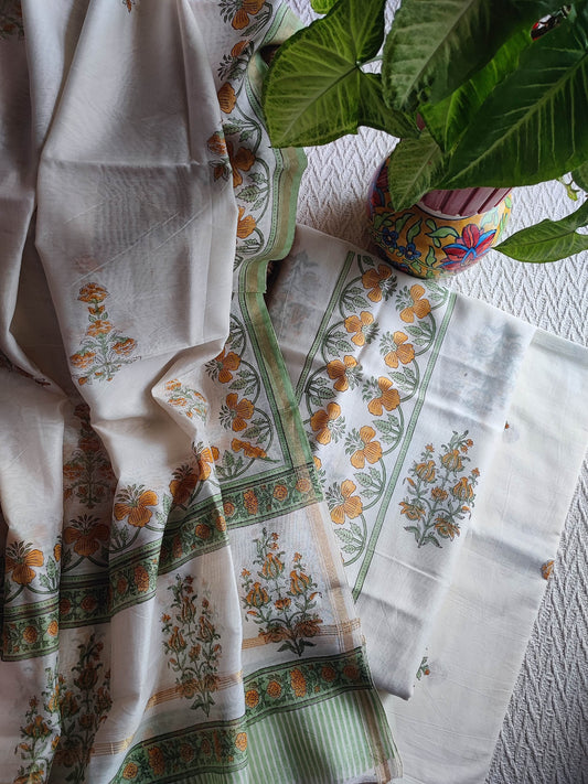 White Chanderi Silk Suit Material with Mustard Floral Print & Cotton Dupatta