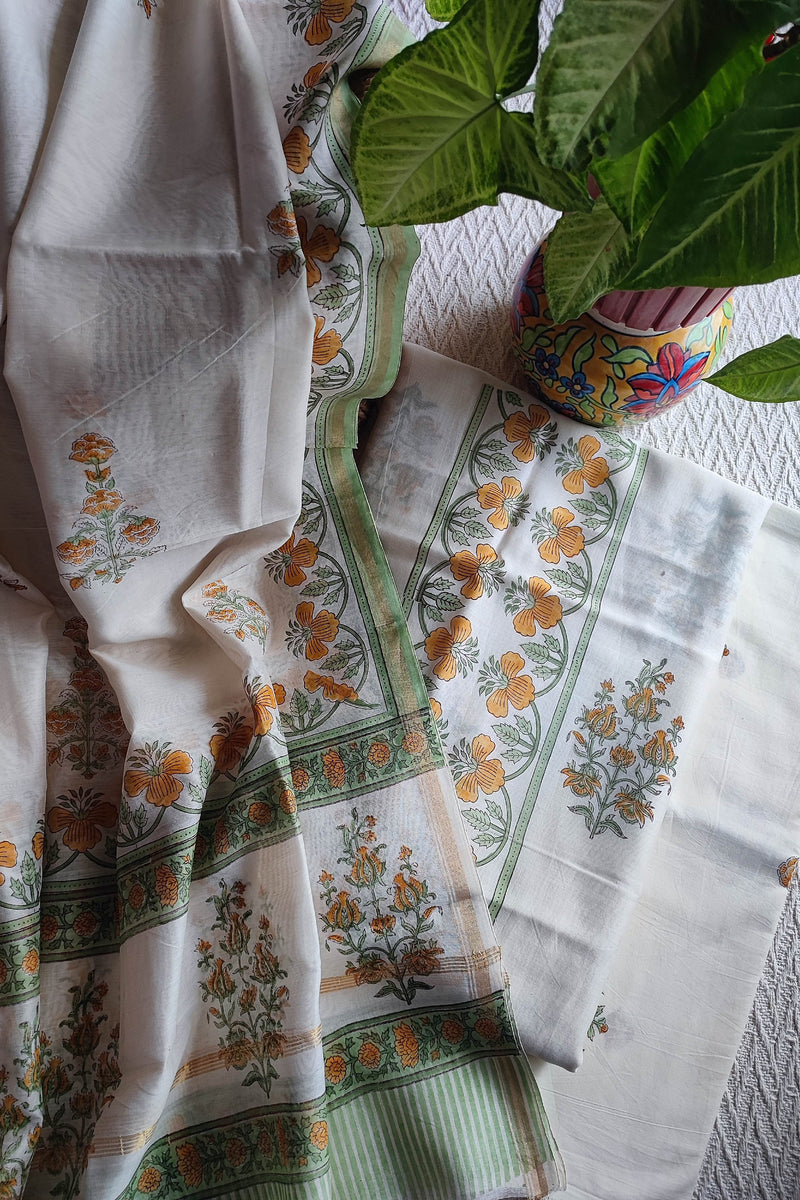 White Chanderi Silk Suit Material with Mustard Floral Print & Cotton Dupatta
