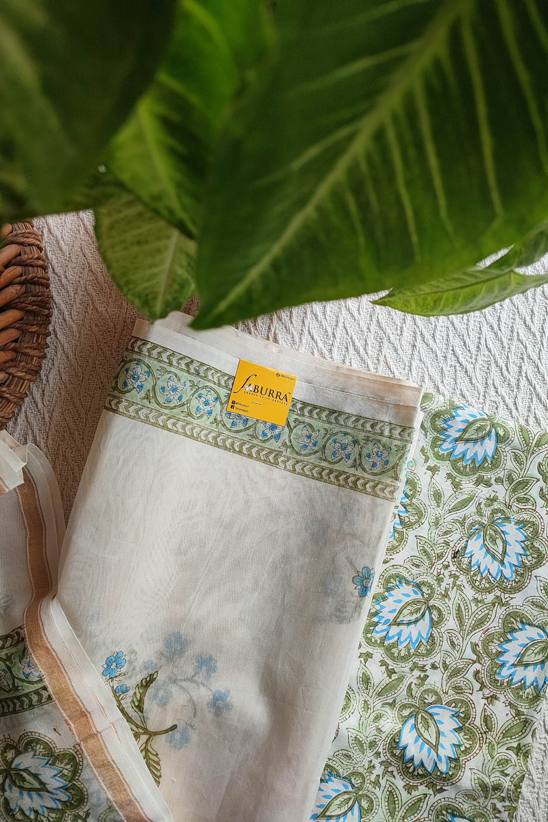 White Chanderi Silk Suit Material with Floral Print & Cotton Dupatta