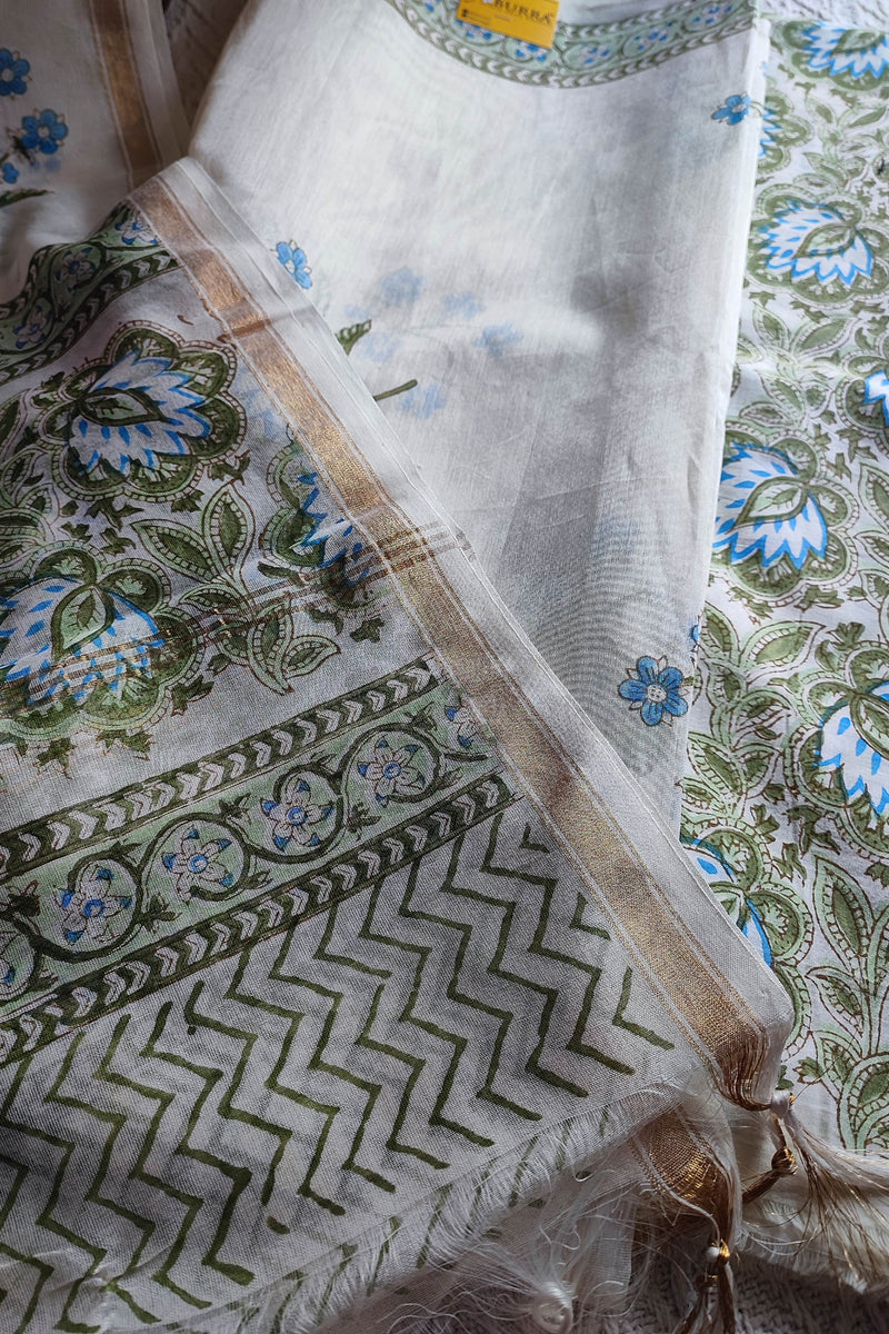 White Chanderi Silk Suit Material with Floral Print & Cotton Dupatta