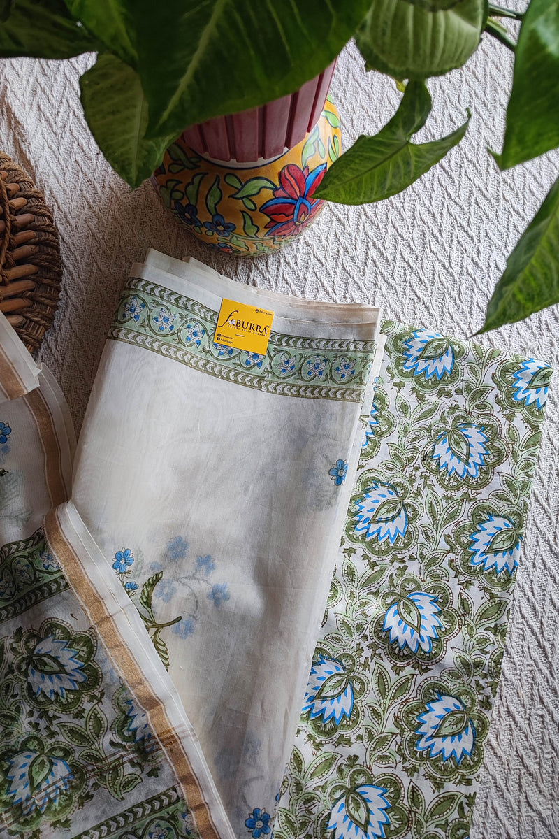 White Chanderi Silk Suit Material with Floral Print & Cotton Dupatta