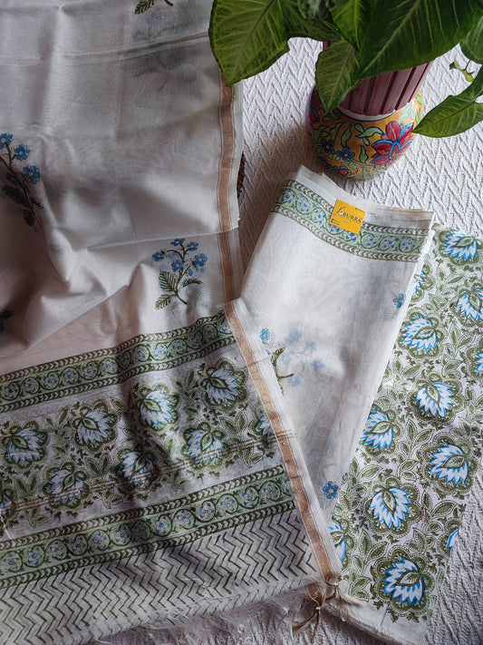 White Chanderi Silk Suit Material with Floral Print & Cotton Dupatta