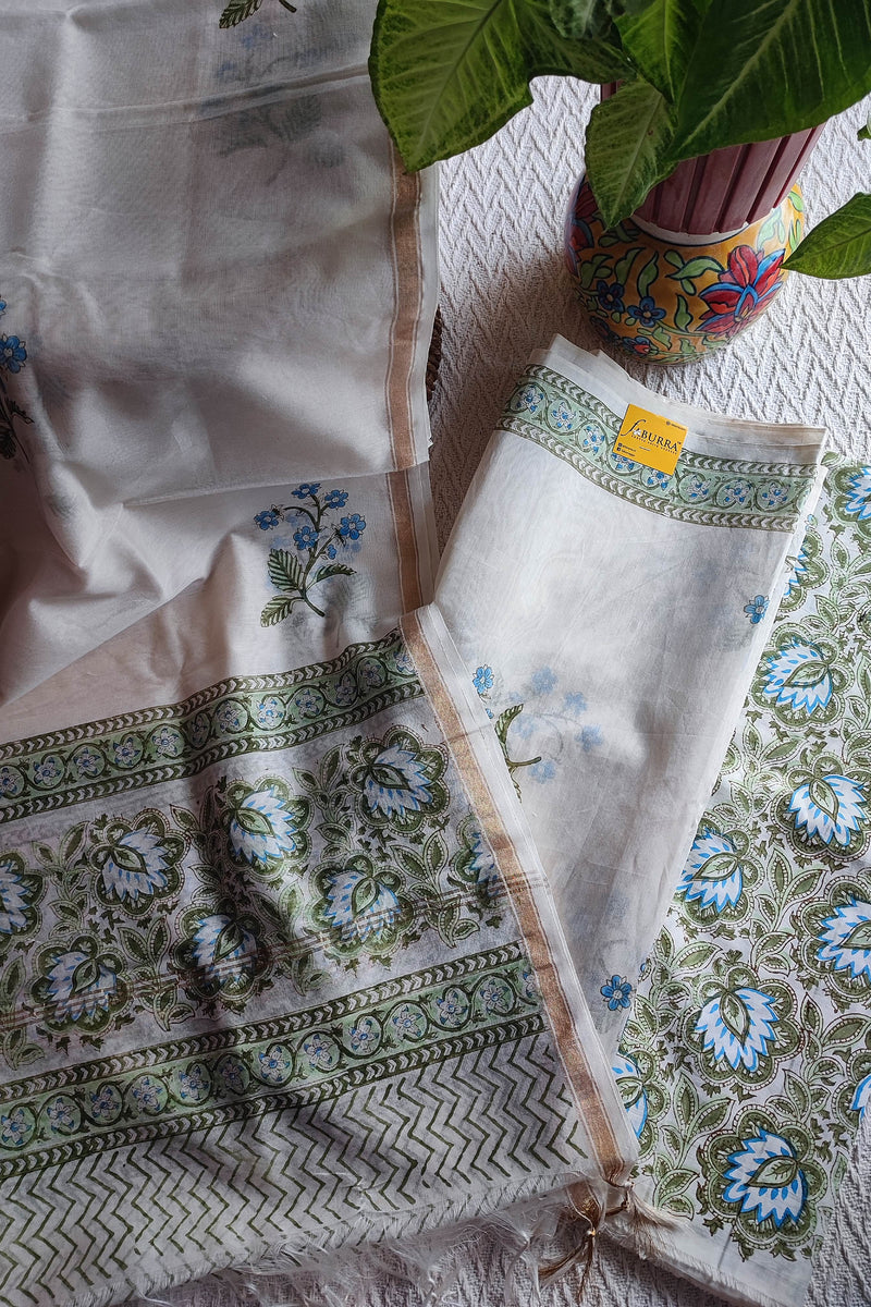 White Chanderi Silk Suit Material with Floral Print & Cotton Dupatta