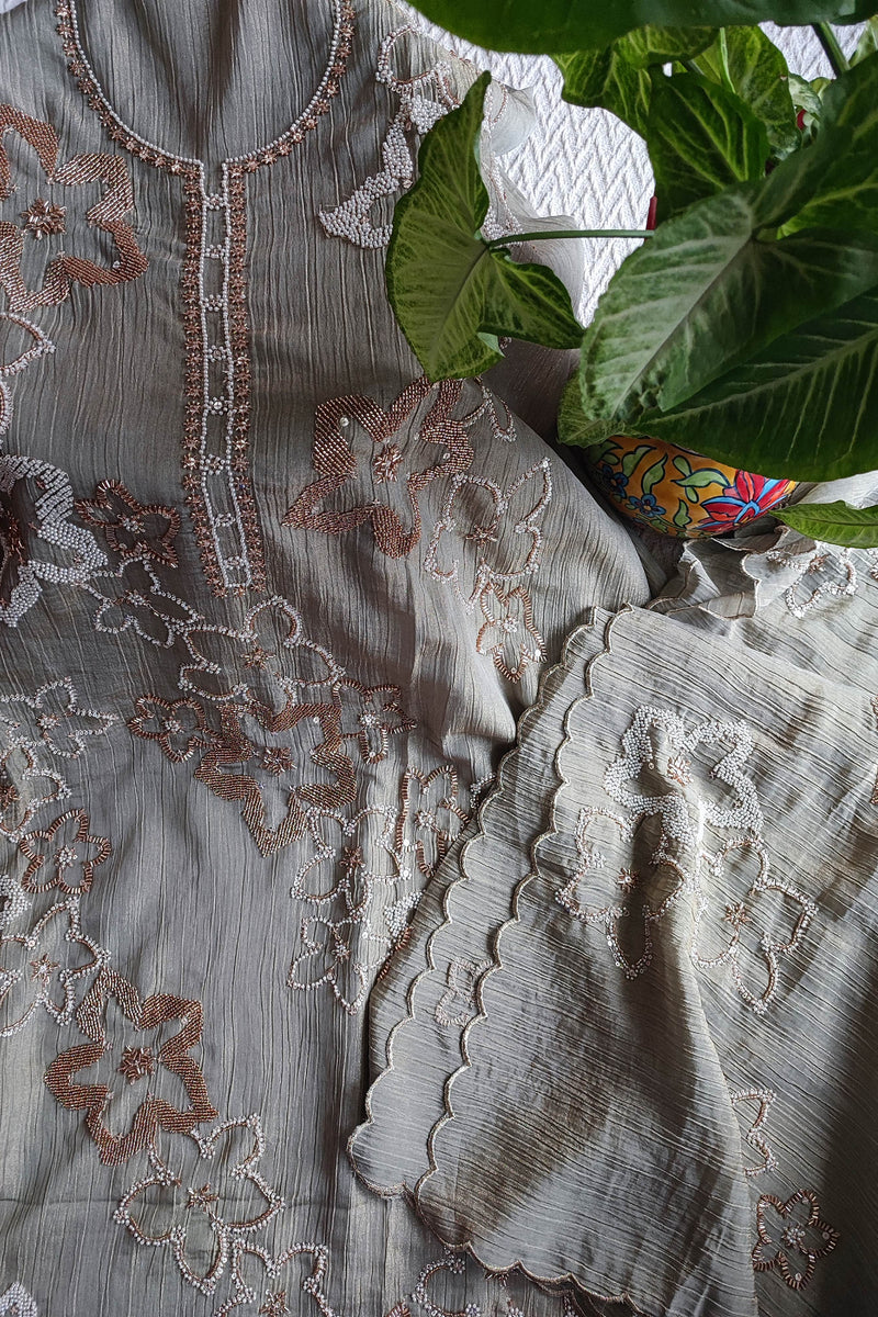 Grey Crushed Organza Party Wear Suit Material with Cutdana Floral Work