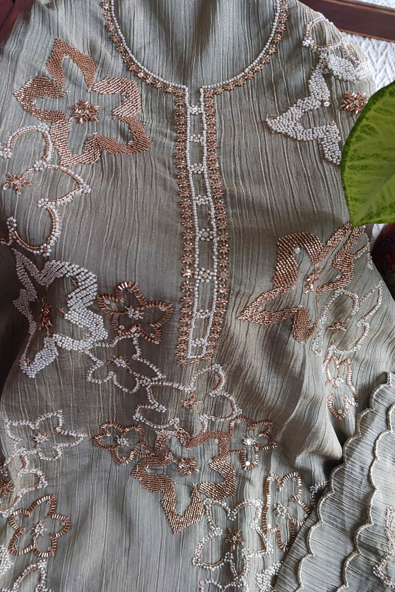 Grey Crushed Organza Party Wear Suit Material with Cutdana Floral Work