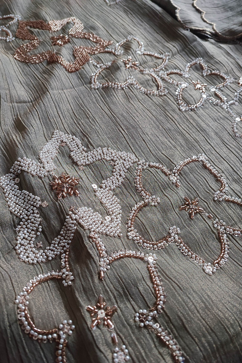 Grey Crushed Organza Party Wear Suit Material with Cutdana Floral Work