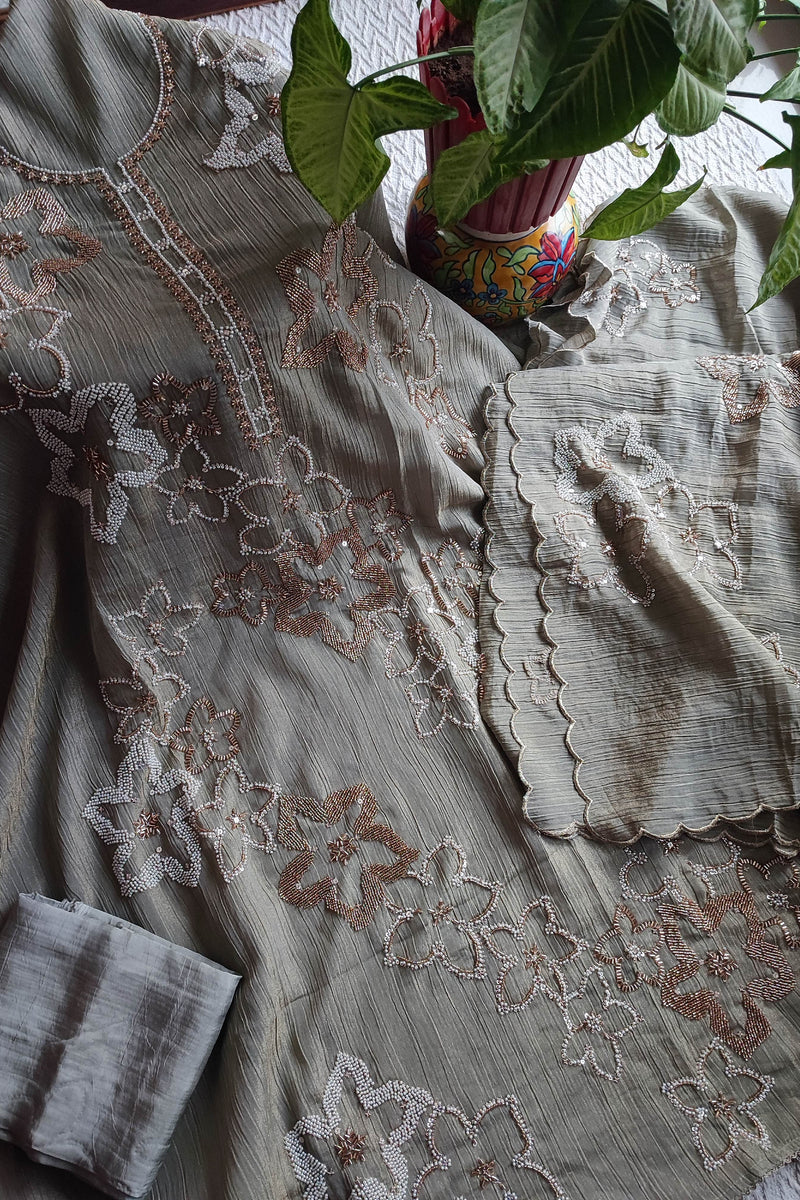 Grey Crushed Organza Party Wear Suit Material with Cutdana Floral Work