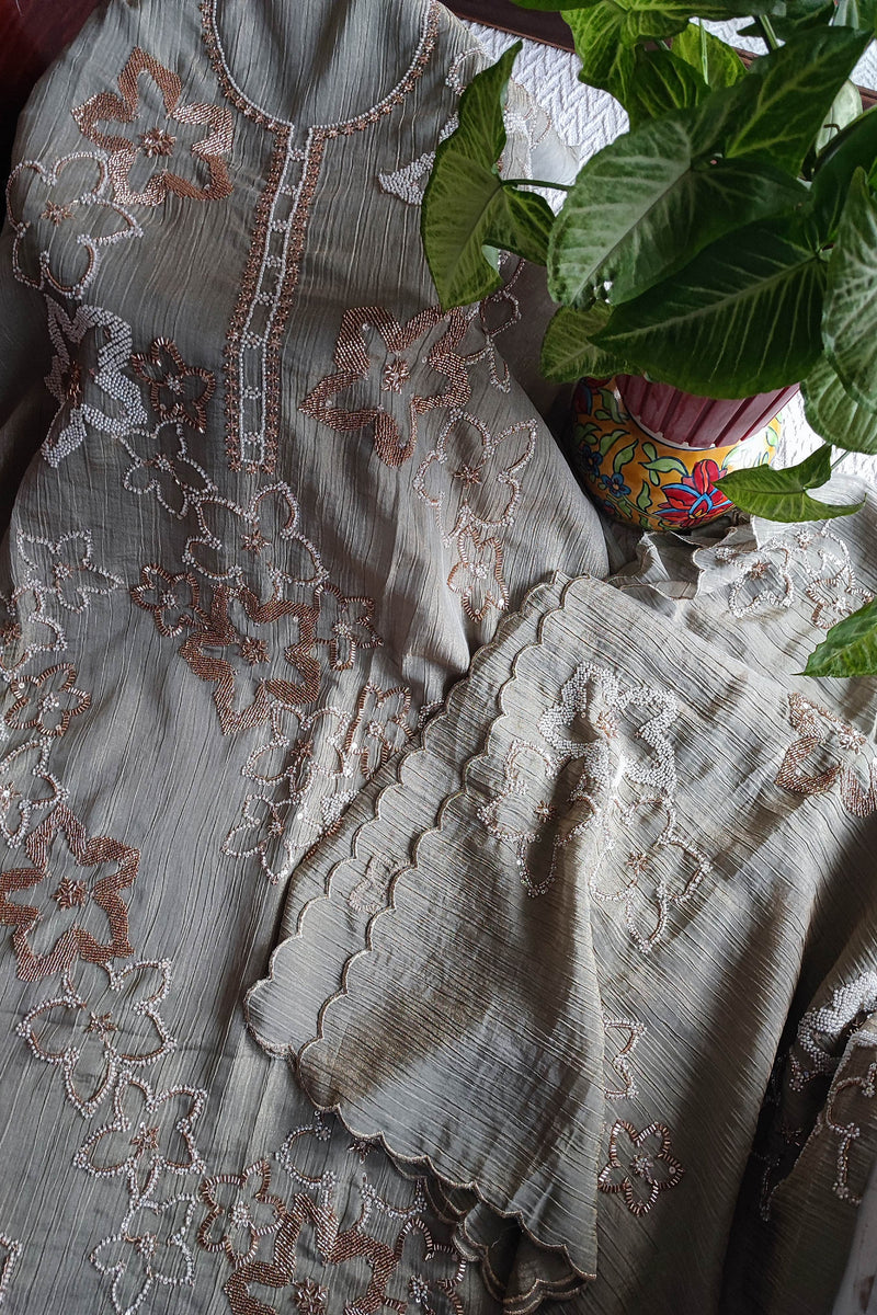 Grey Crushed Organza Party Wear Suit Material with Cutdana Floral Work