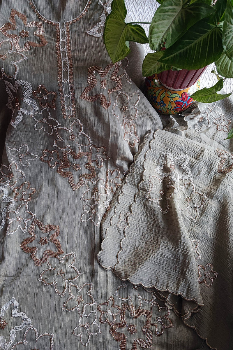 Grey Crushed Organza Party Wear Suit Material with Cutdana Floral Work