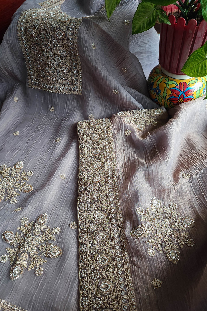 Grey Crushed Organza Party Wear Suit Material with Cutdana Work