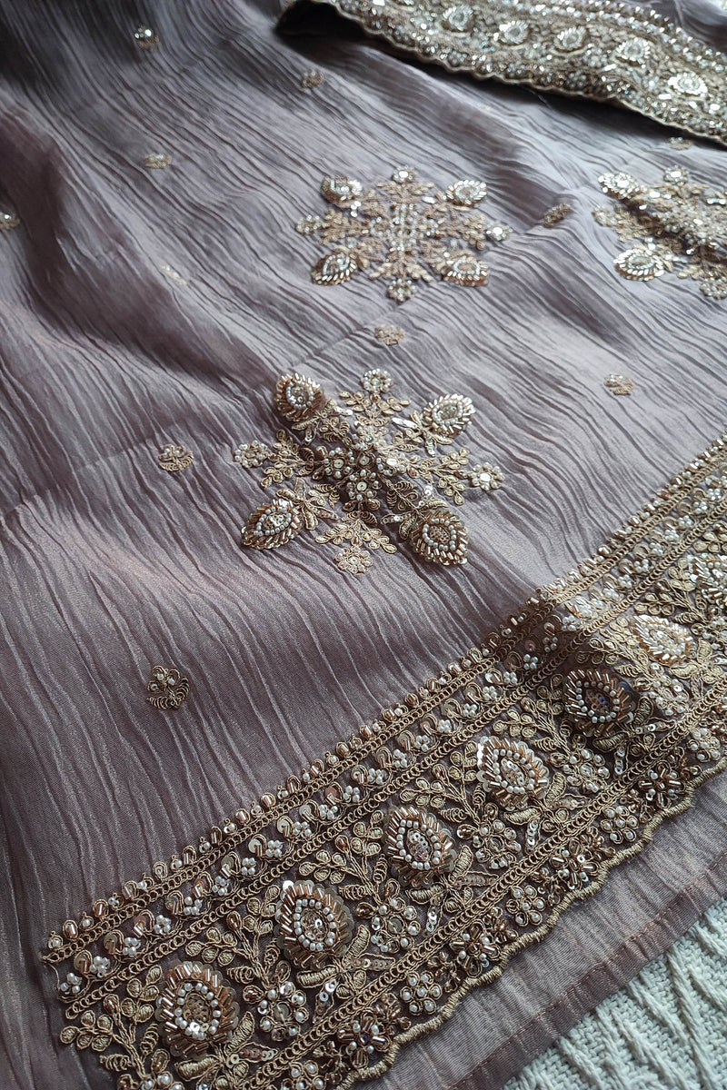 Grey Crushed Organza Party Wear Suit Material with Cutdana Work