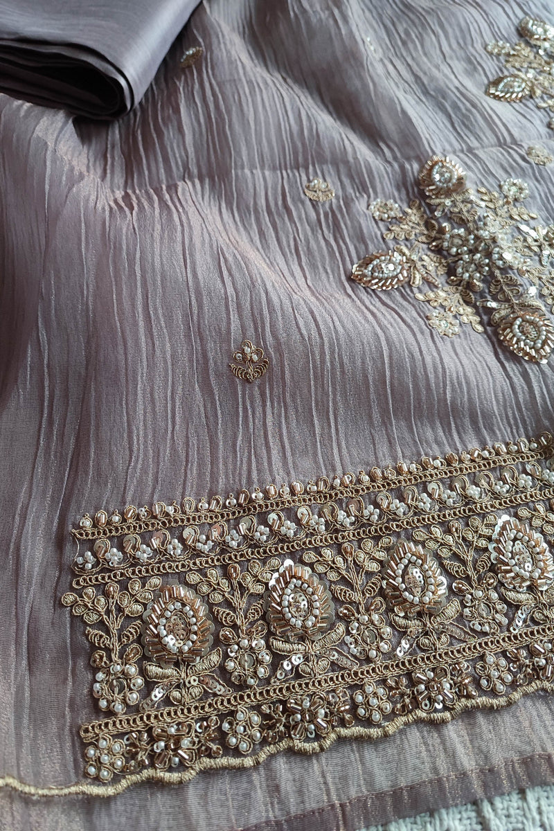 Grey Crushed Organza Party Wear Suit Material with Cutdana Work