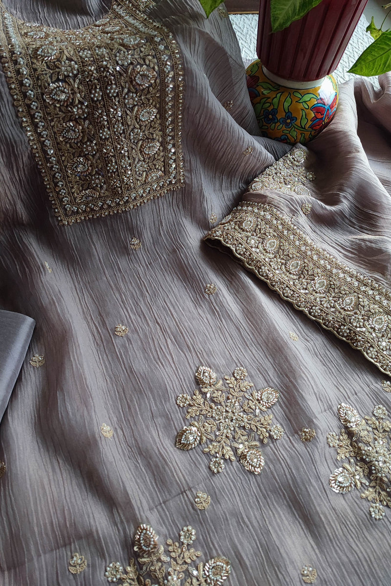 Grey Crushed Organza Party Wear Suit Material with Cutdana Work