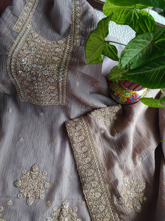 Grey Crushed Organza Party Wear Suit Material with Cutdana Work