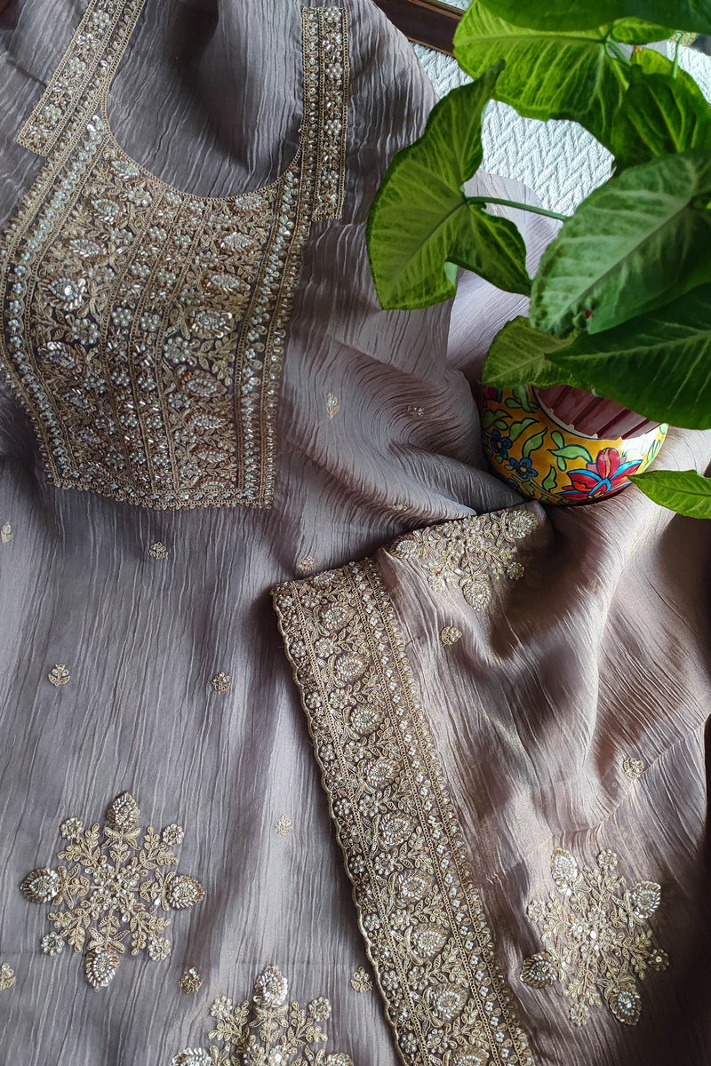 Grey Crushed Organza Party Wear Suit Material with Cutdana Work