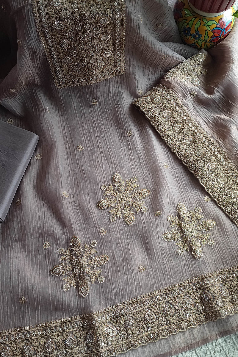Grey Crushed Organza Party Wear Suit Material with Cutdana Work