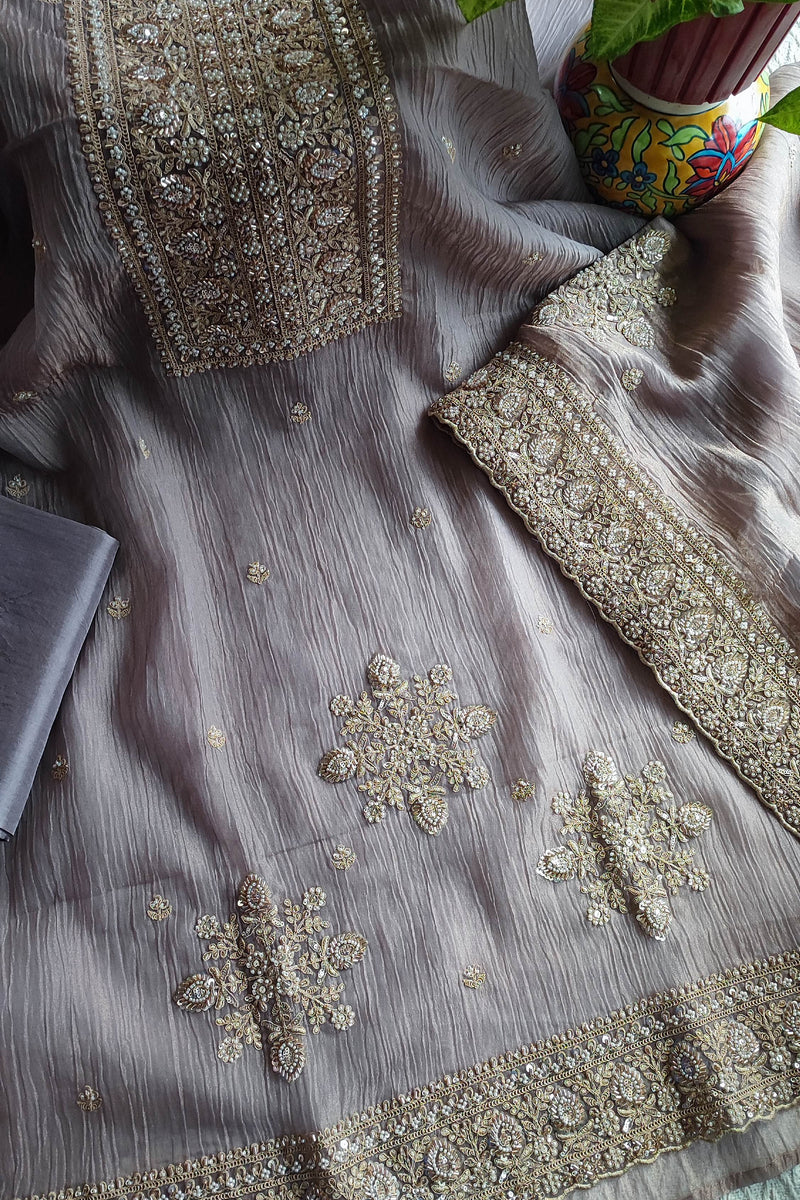Grey Crushed Organza Party Wear Suit Material with Cutdana Work