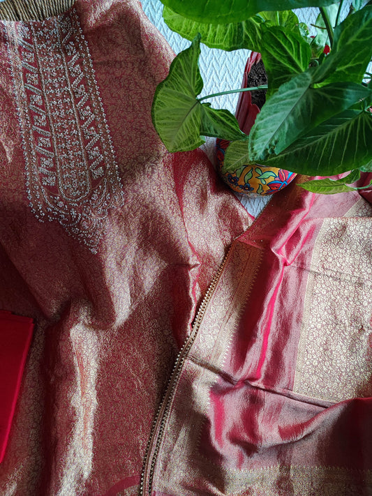 Wine Banarasi Brocade Party Wear Suit Material with Fine Dabka Work